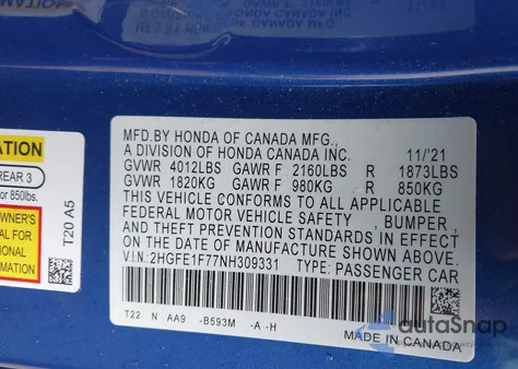 2022 Honda Civic Ex from USA, damaged, VIN 2HGFE1F77NH309331